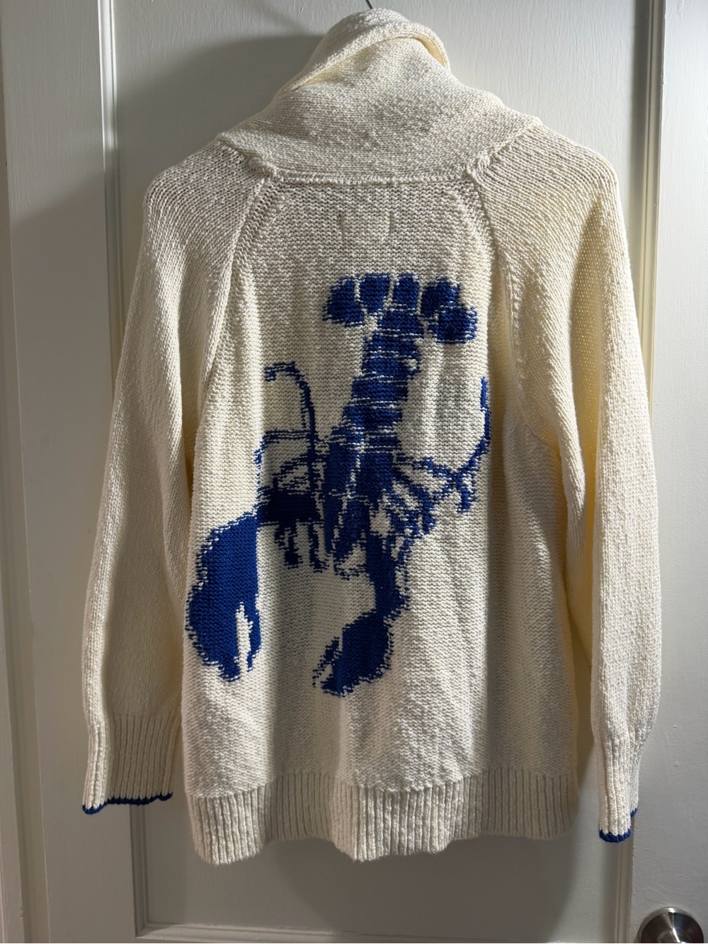 Anthropologie Cream Knit Cardigan with Blue Lobster Motif
